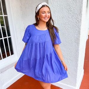 She + Sky Half Puff Sleeve Textured Woven Ruffled Dress